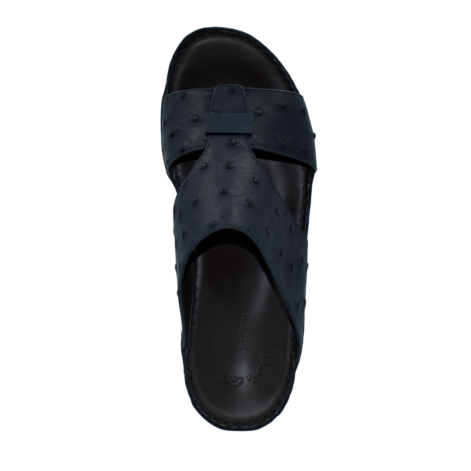 Black ostrich leather sandals with textured straps and cushioned footbed from Private Collection