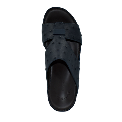Black ostrich leather sandals with textured straps and cushioned footbed from Private Collection