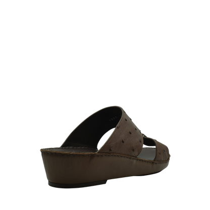 Brown ostrich leather sandals with wedge heel and textured upper from private collection