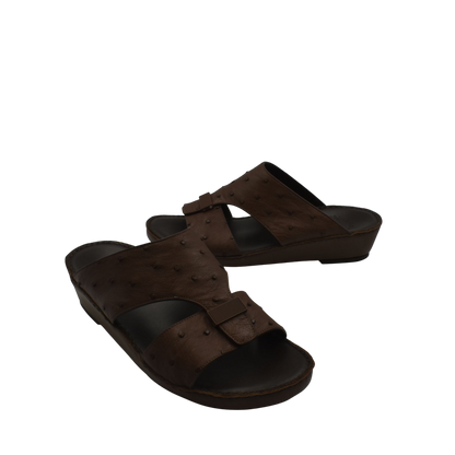 Brown ostrich leather sandals with adjustable straps and comfortable footbed from Private Collection