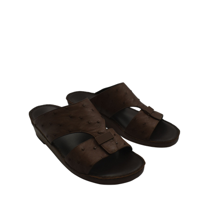 Brown ostrich leather sandals with open toe and adjustable strap for comfortable casual wear