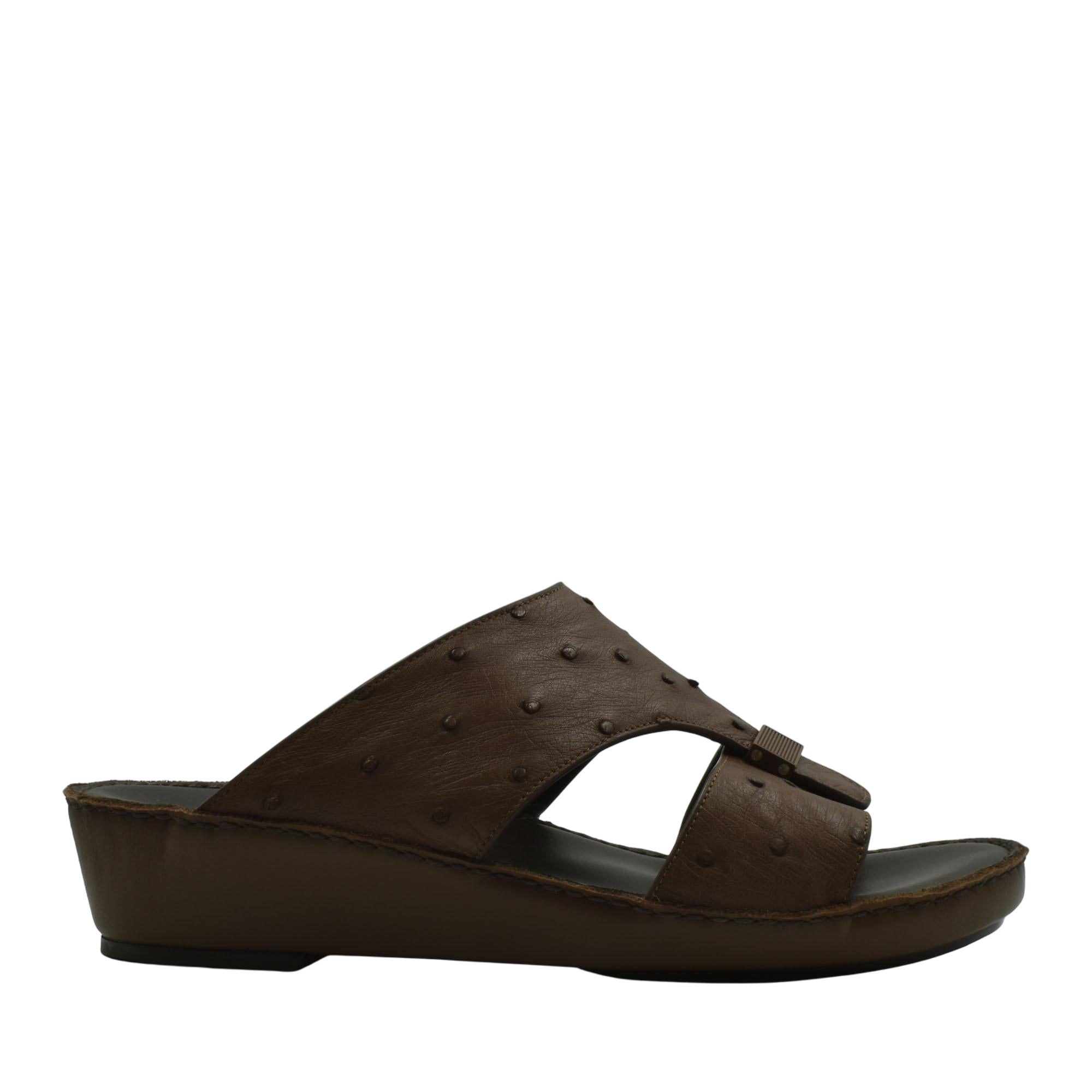 Brown ostrich leather sandals with wedge sole and open toe design from Private Collection