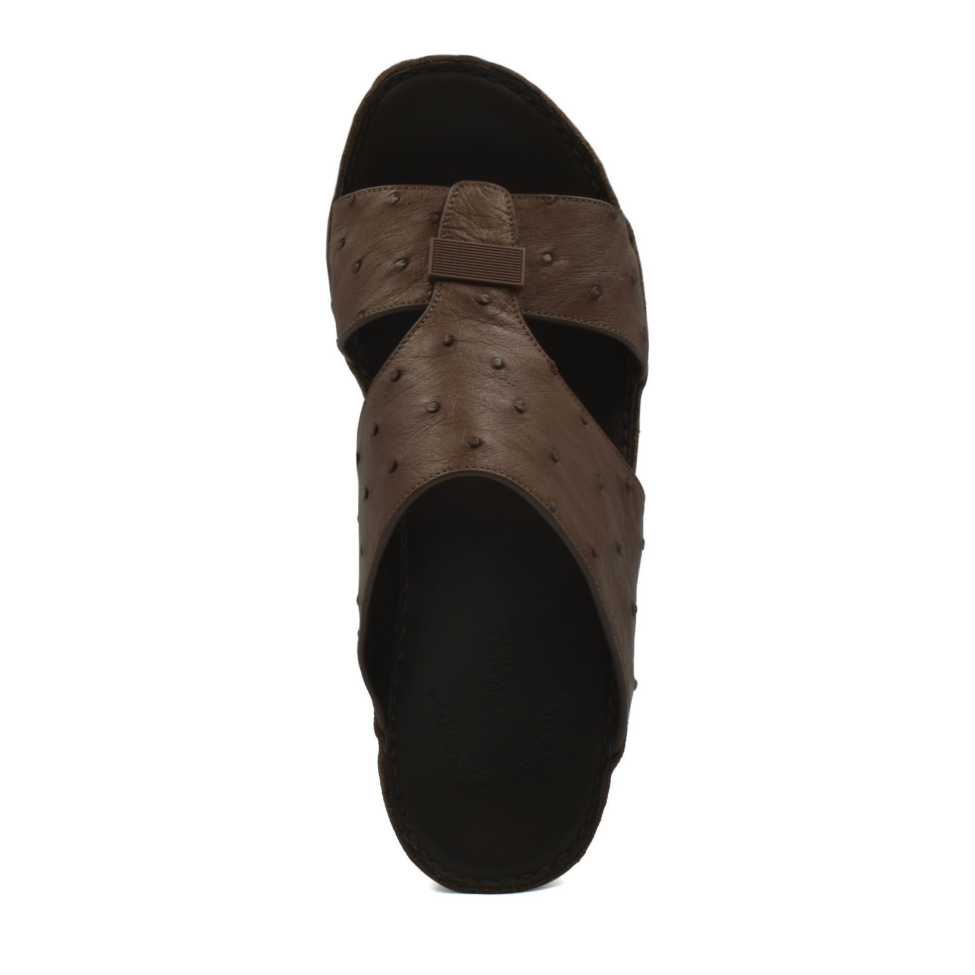 Brown variable ostrich leather sandals with textured upper and open toe design