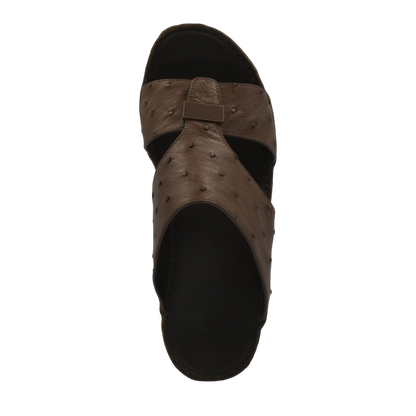 Brown variable ostrich leather sandals with textured upper and open toe design
