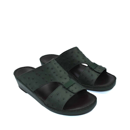 Black ostrich leather sandals with open toe and adjustable strap for comfortable fit