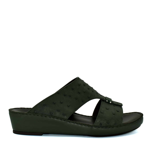 Black ostrich leather sandals with a wedge sole and open toe design from Private Collection