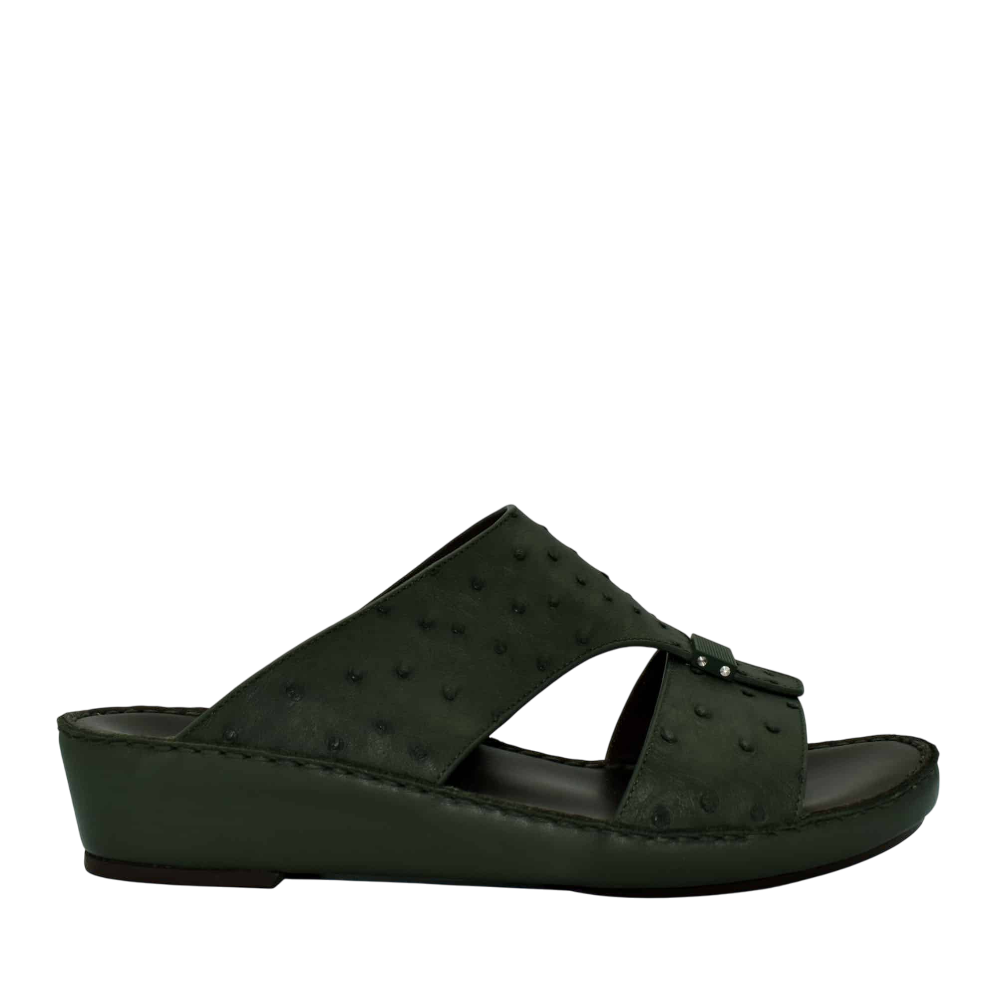 Black ostrich leather sandals with a wedge sole and open toe design from Private Collection