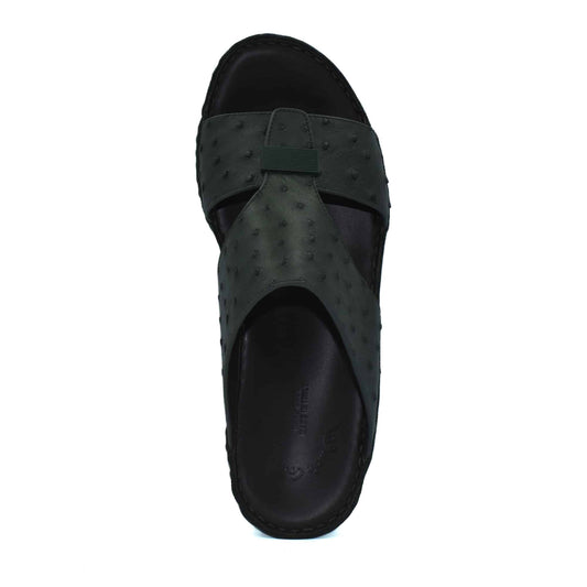 Top view of black ostrich leather sandals with crossed straps and cushioned footbed