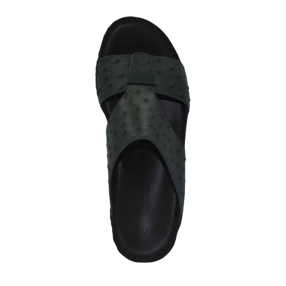 Top view of black ostrich leather sandals with crossed straps and cushioned footbed