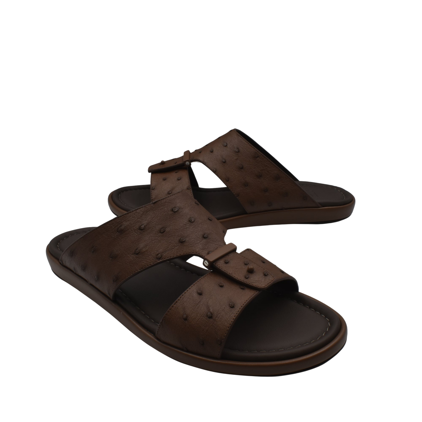 Brown ostrich leather sandals men with textured straps and cushioned sole from Private collection