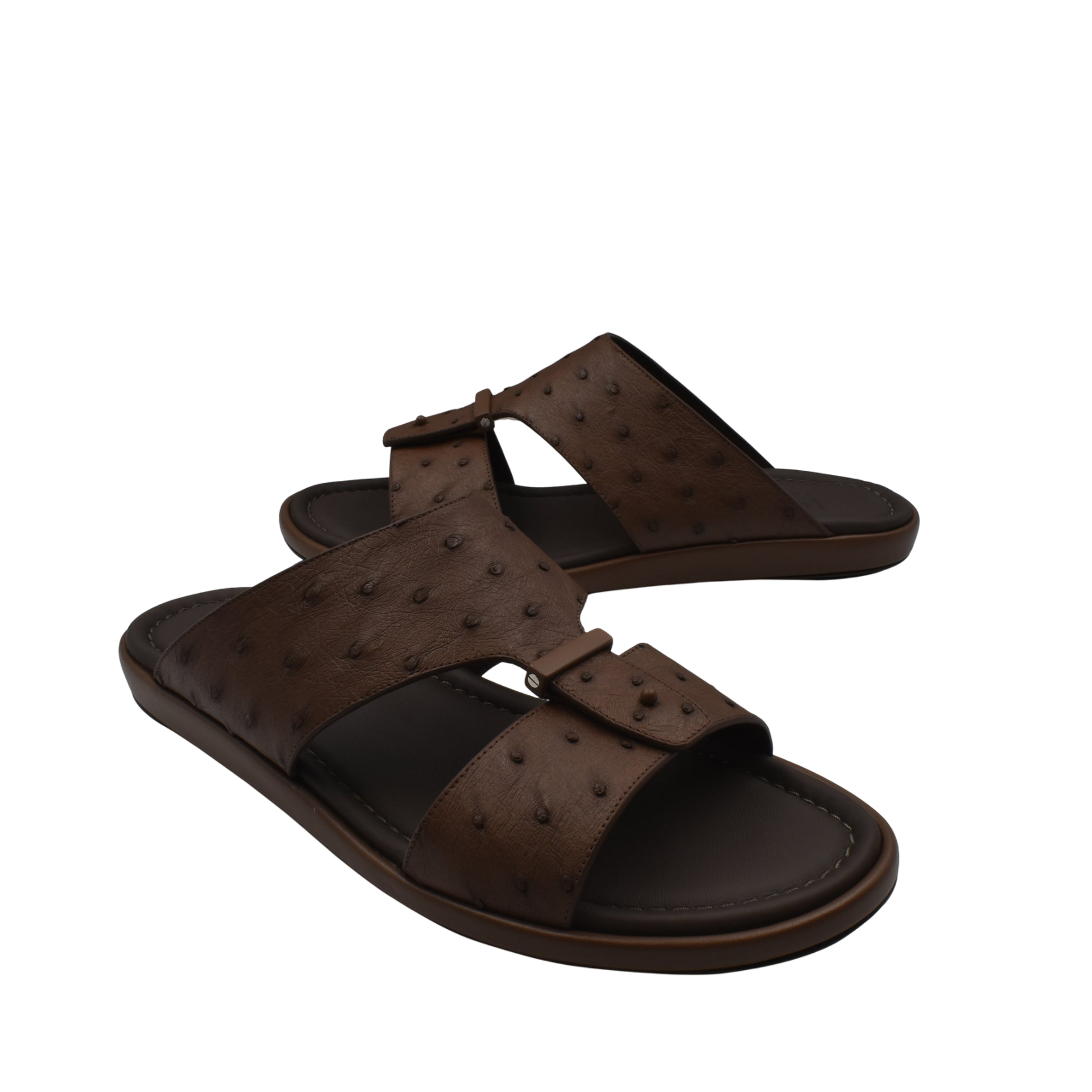 Brown ostrich leather sandals men with textured straps and cushioned sole from Private collection