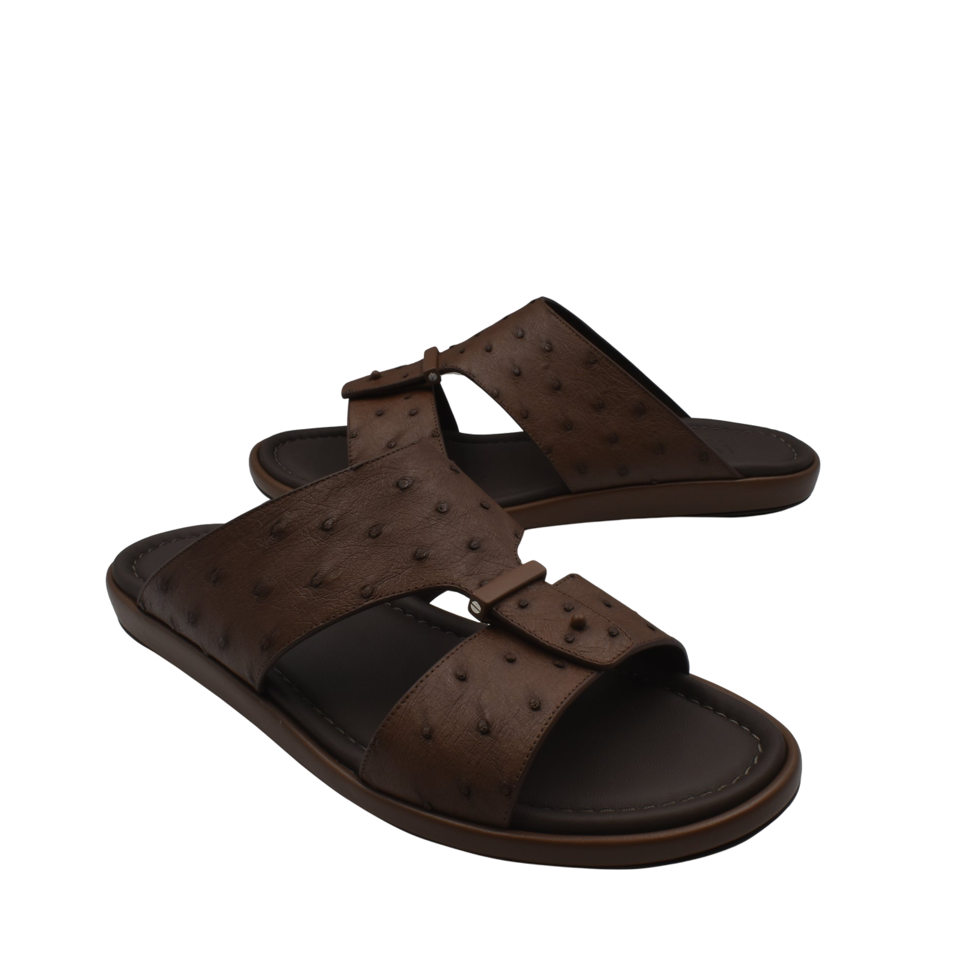 Brown ostrich leather sandals men with textured straps and cushioned sole from Private collection