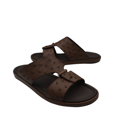 Brown ostrich leather sandals men with textured straps and cushioned sole from Private collection