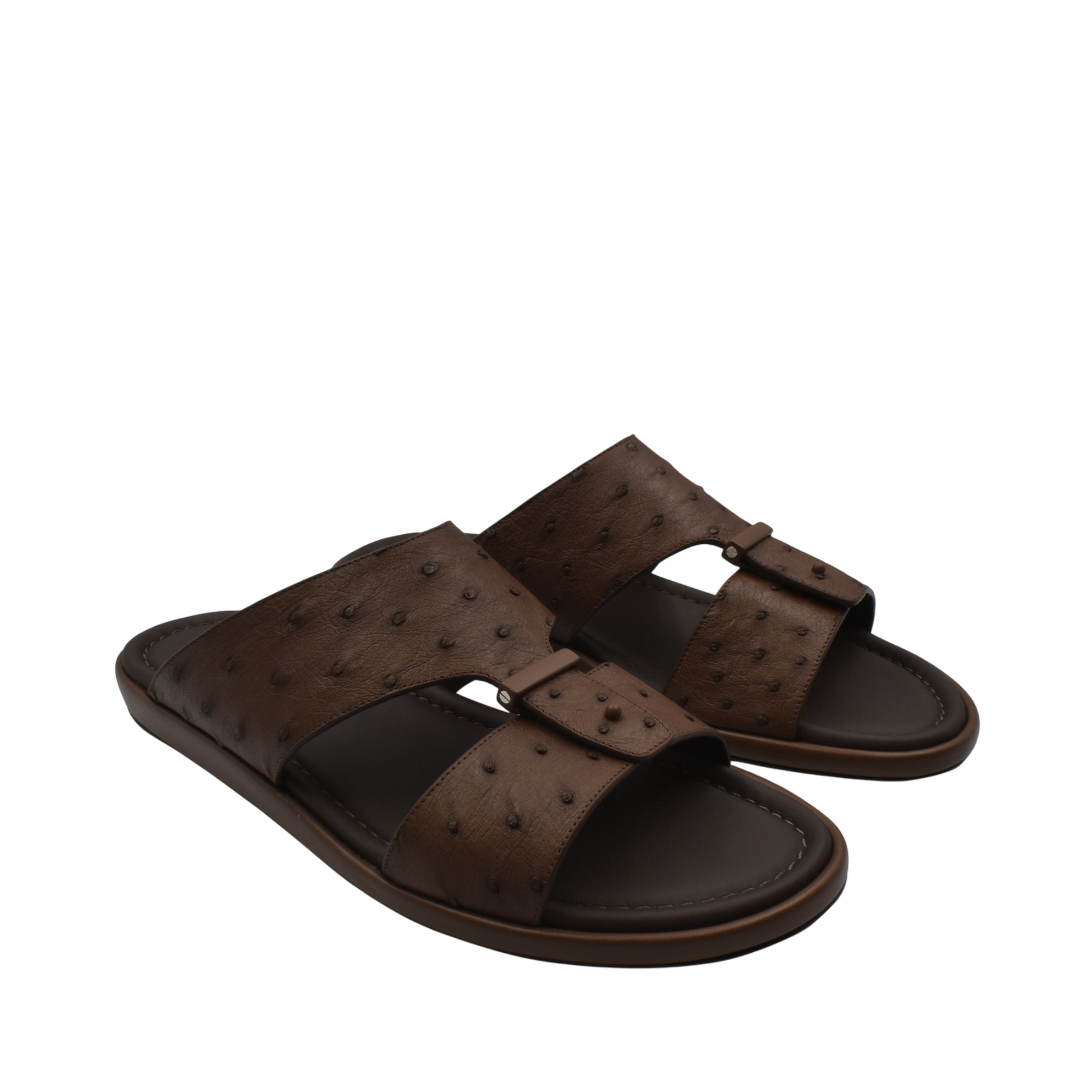 Brown ostrich leather sandals men with adjustable straps and cushioned soles from Private Collection