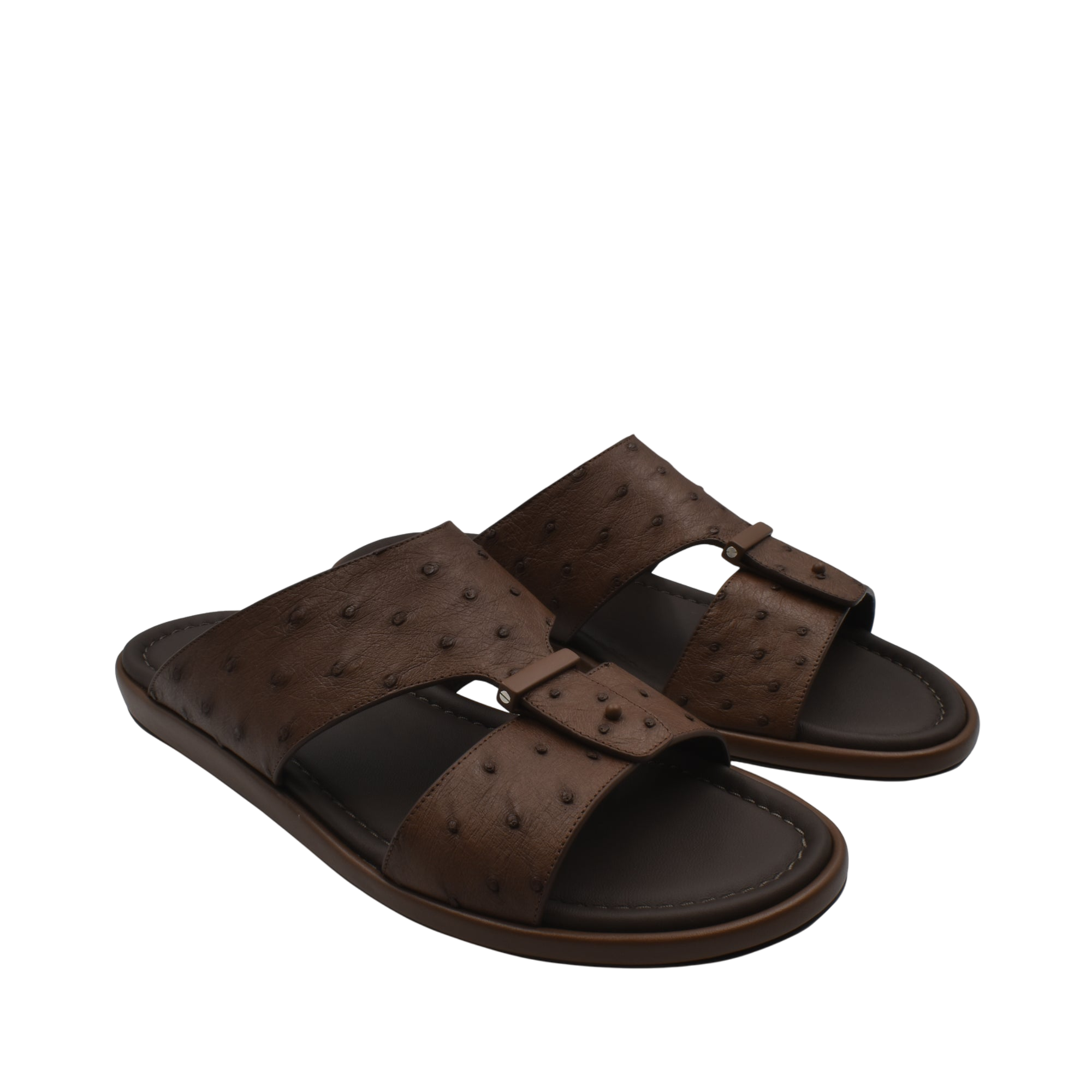 Brown ostrich leather sandals men with adjustable straps and cushioned soles from Private Collection