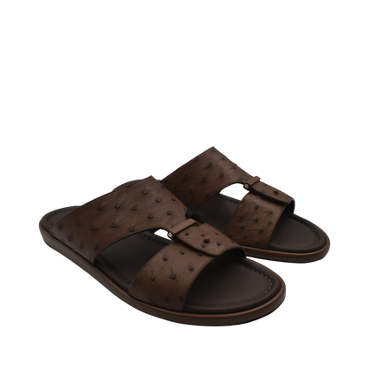 Brown ostrich leather sandals men with adjustable straps and cushioned soles from Private Collection
