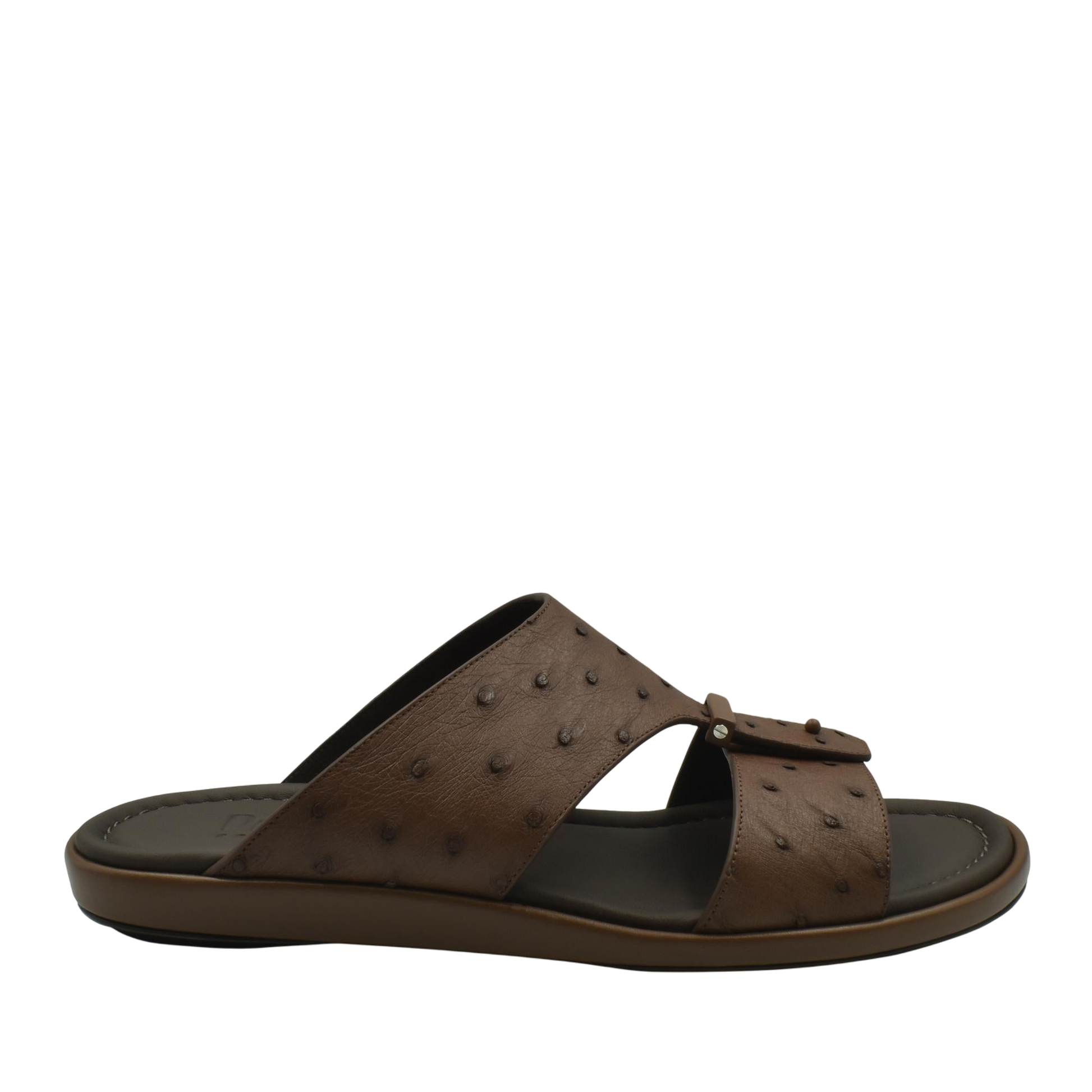 Brown ostrich leather sandals men with textured straps and comfortable cushioned sole