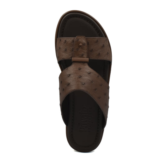 Brown ostrich leather sandals men with textured leather upper and cushioned footbed