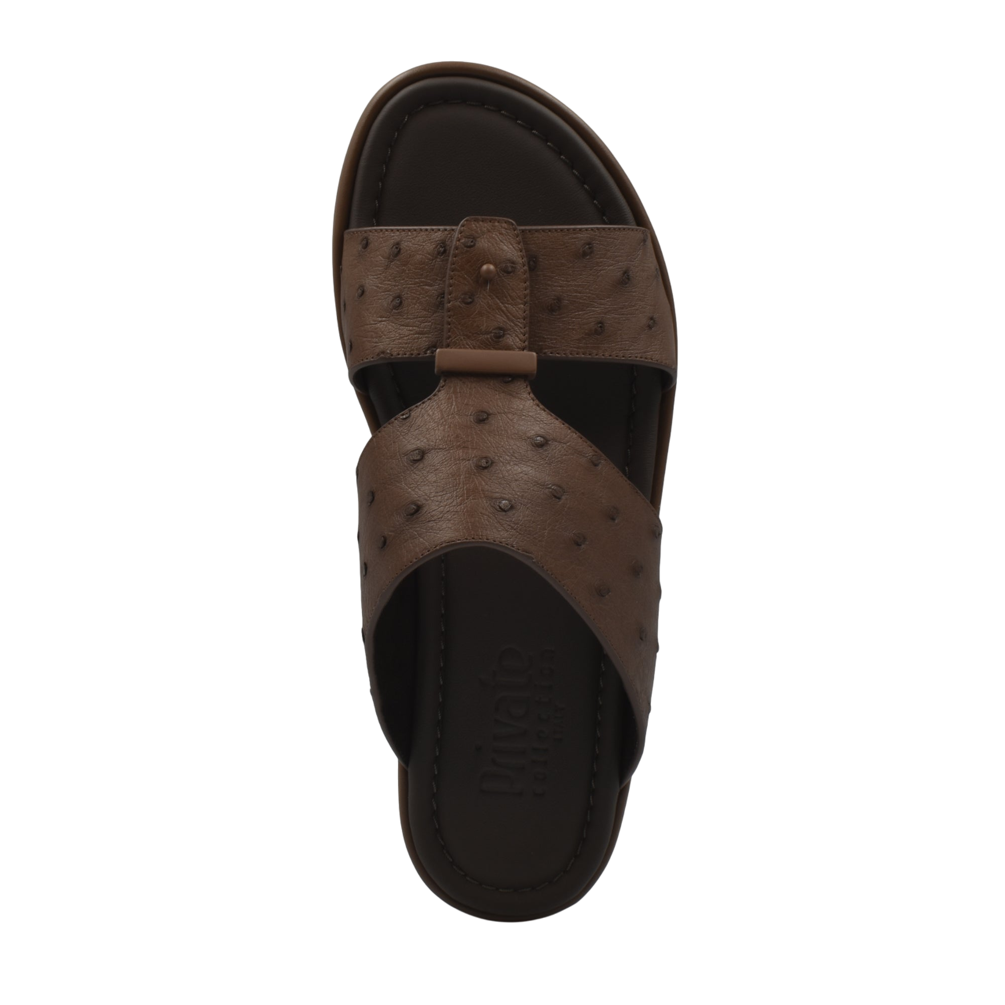 Brown ostrich leather sandals men with textured leather upper and cushioned footbed