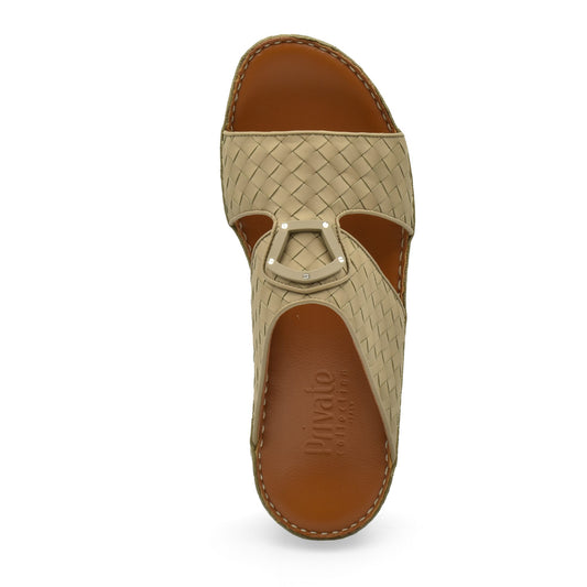 Beige woven leather Peninsula Classica Trecce sandals with brown cushioned footbed and decorative buckle
