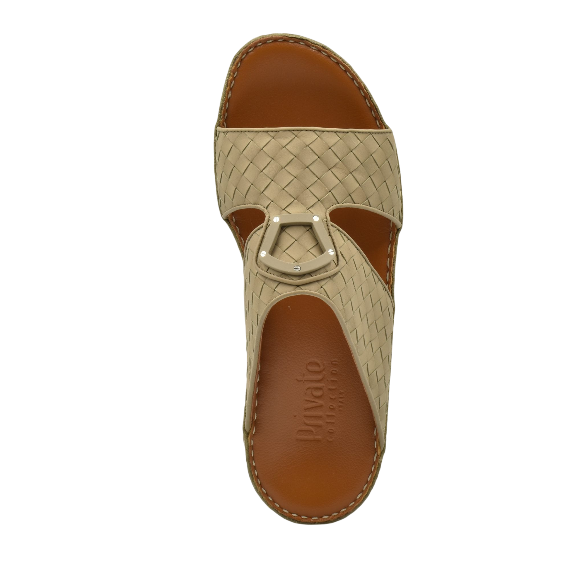 Beige woven leather Peninsula Classica Trecce sandals with brown cushioned footbed and decorative buckle