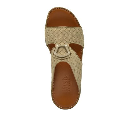 Beige woven leather Peninsula Classica Trecce sandals with brown cushioned footbed and decorative buckle