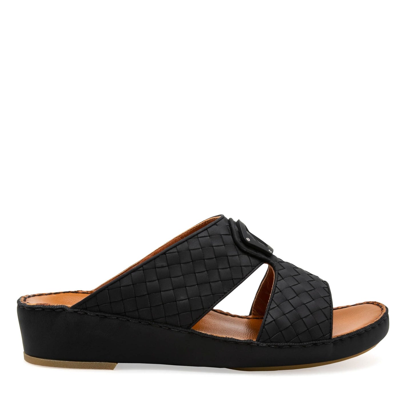 Side view of black Peninsula Classica Trecce sandals with woven leather upper and cushioned sole