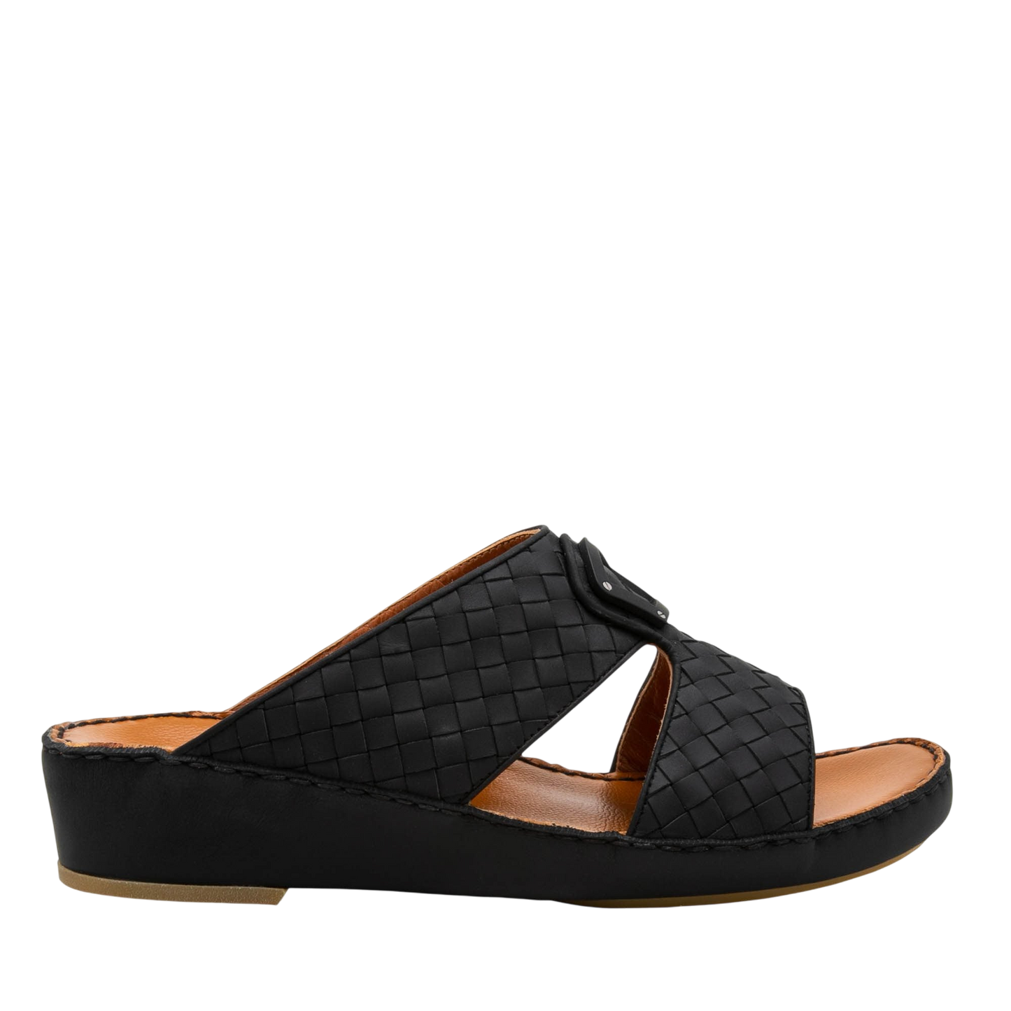 Side view of black Peninsula Classica Trecce sandals with woven leather upper and cushioned sole