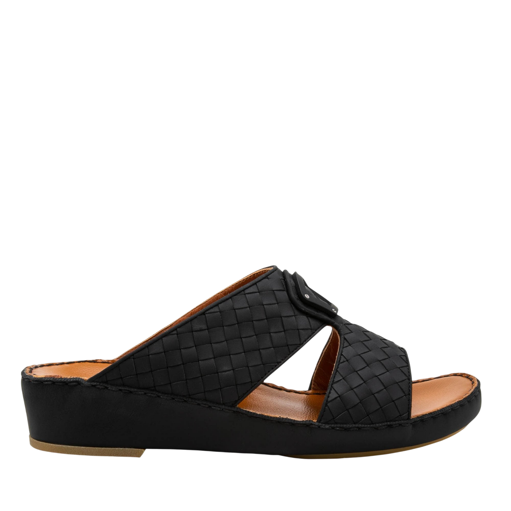 Side view of black Peninsula Classica Trecce sandals with woven leather upper and cushioned sole
