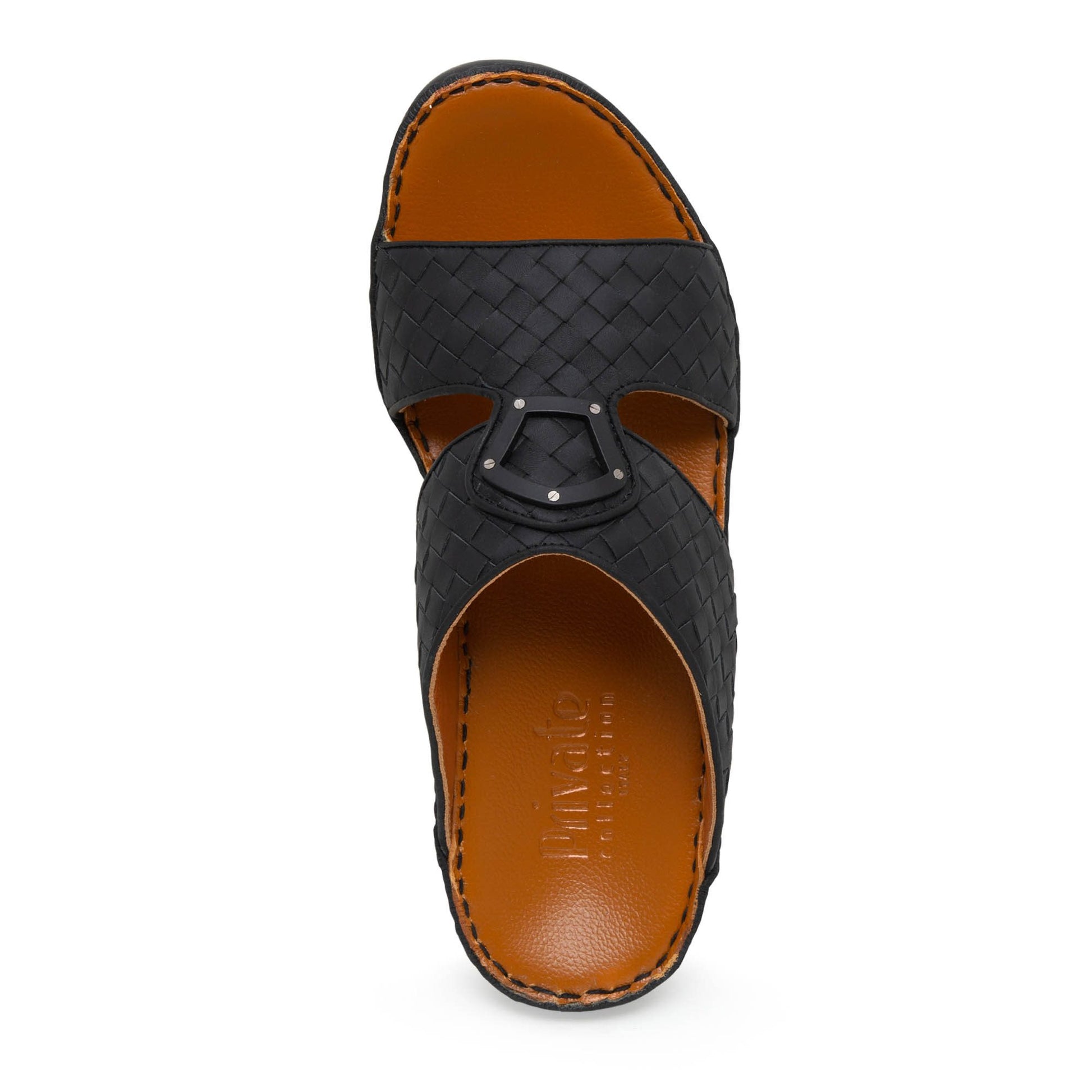 Black leather Peninsula Classica Trecce sandals with woven design and brown cushioned footbed