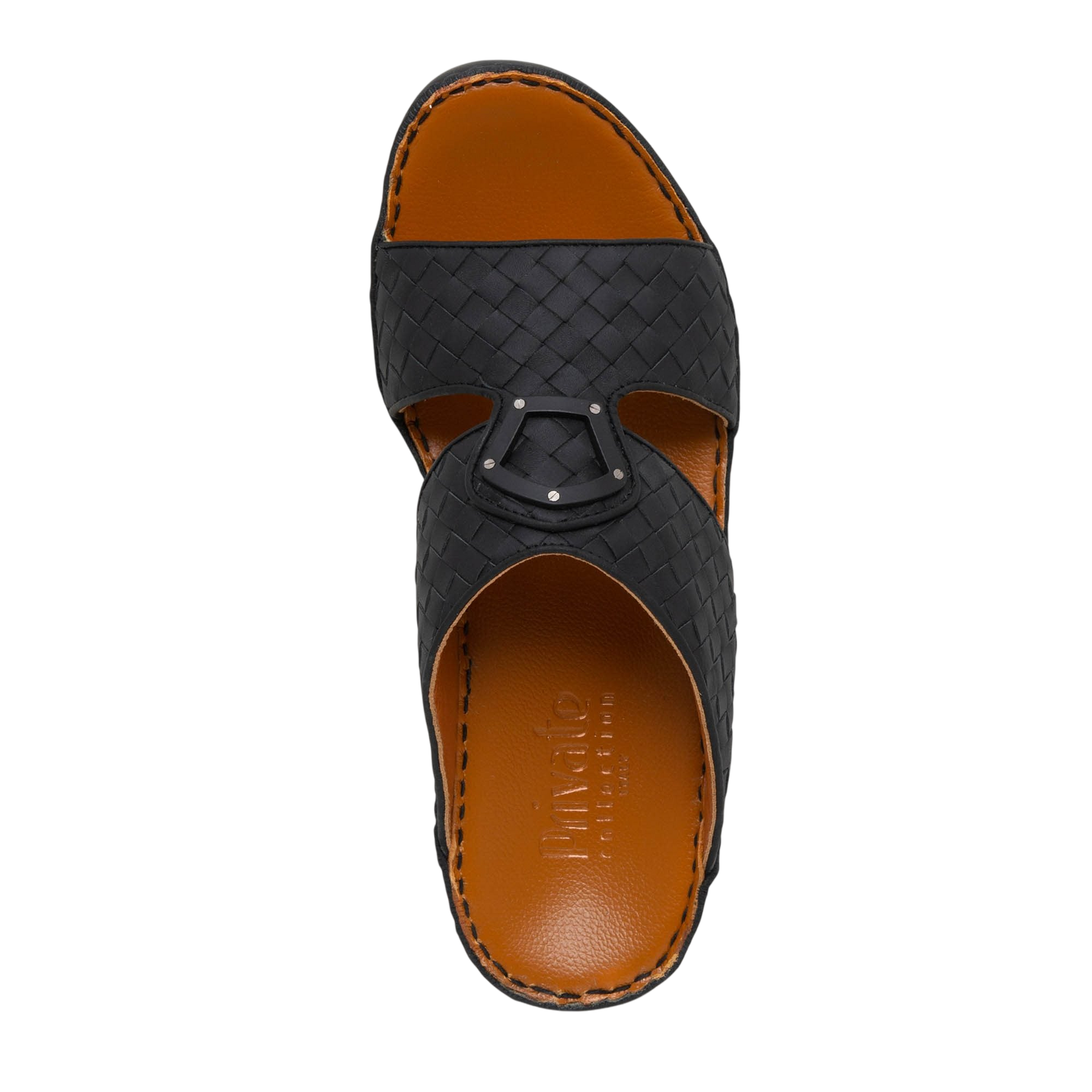 Black leather Peninsula Classica Trecce sandals with woven design and brown cushioned footbed