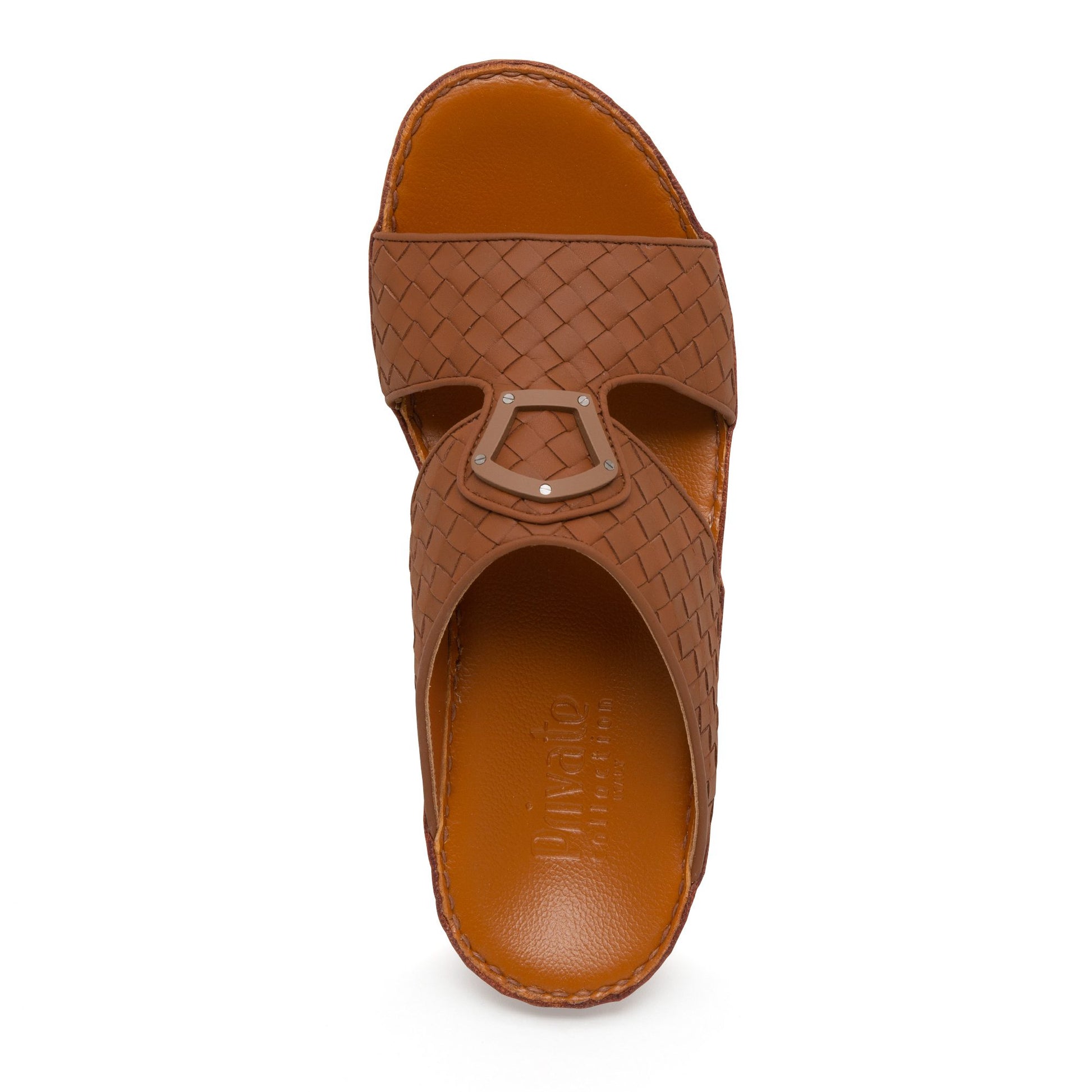 Top view of brown Peninsula Classica Trecce sandals with woven leather design and buckle detail
