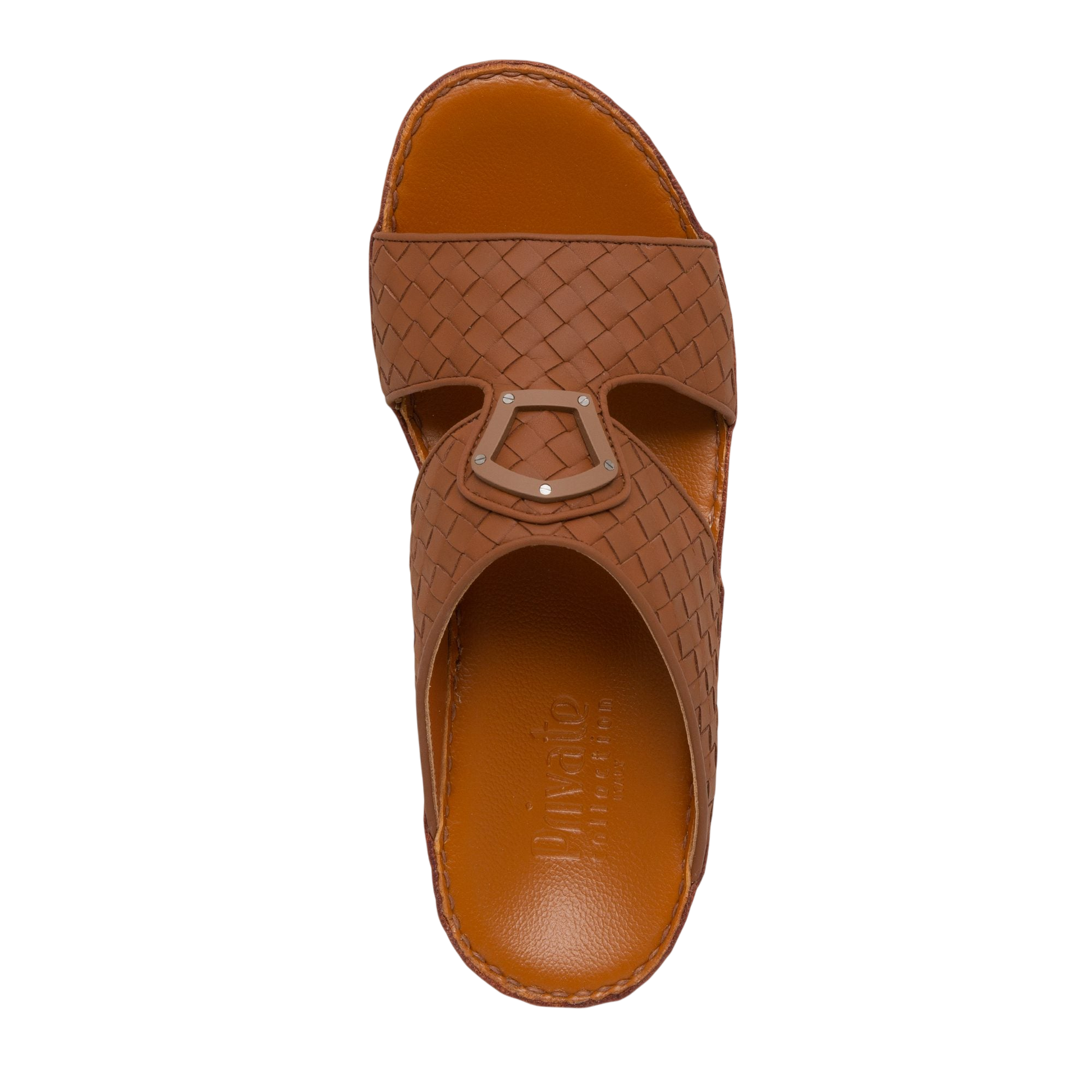 Top view of brown Peninsula Classica Trecce sandals with woven leather design and buckle detail