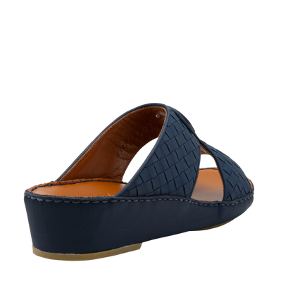 Navy blue Peninsula Classica Trecce sandals with woven leather straps and low wedge heel