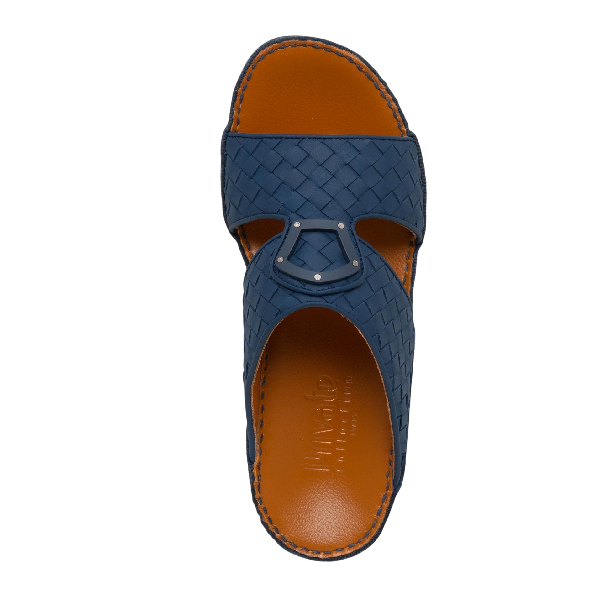 Top view of blue Peninsula Classica Trecce sandals with woven leather design and brown insole