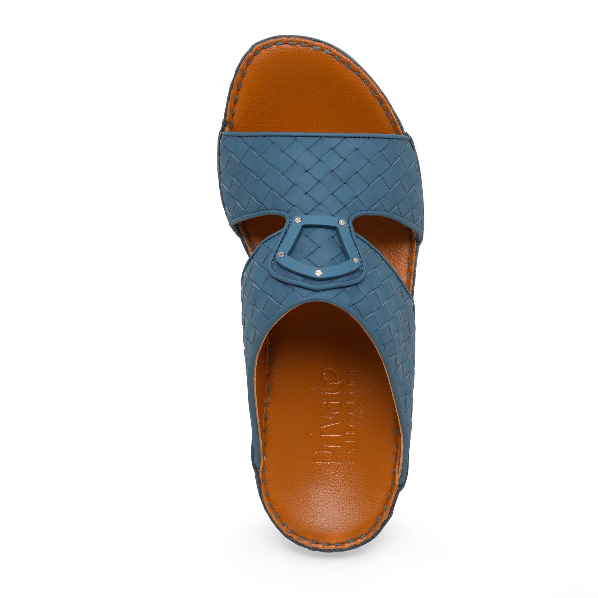 Top view of blue Peninsula Classica Trecce sandals with braided leather straps and brown sole