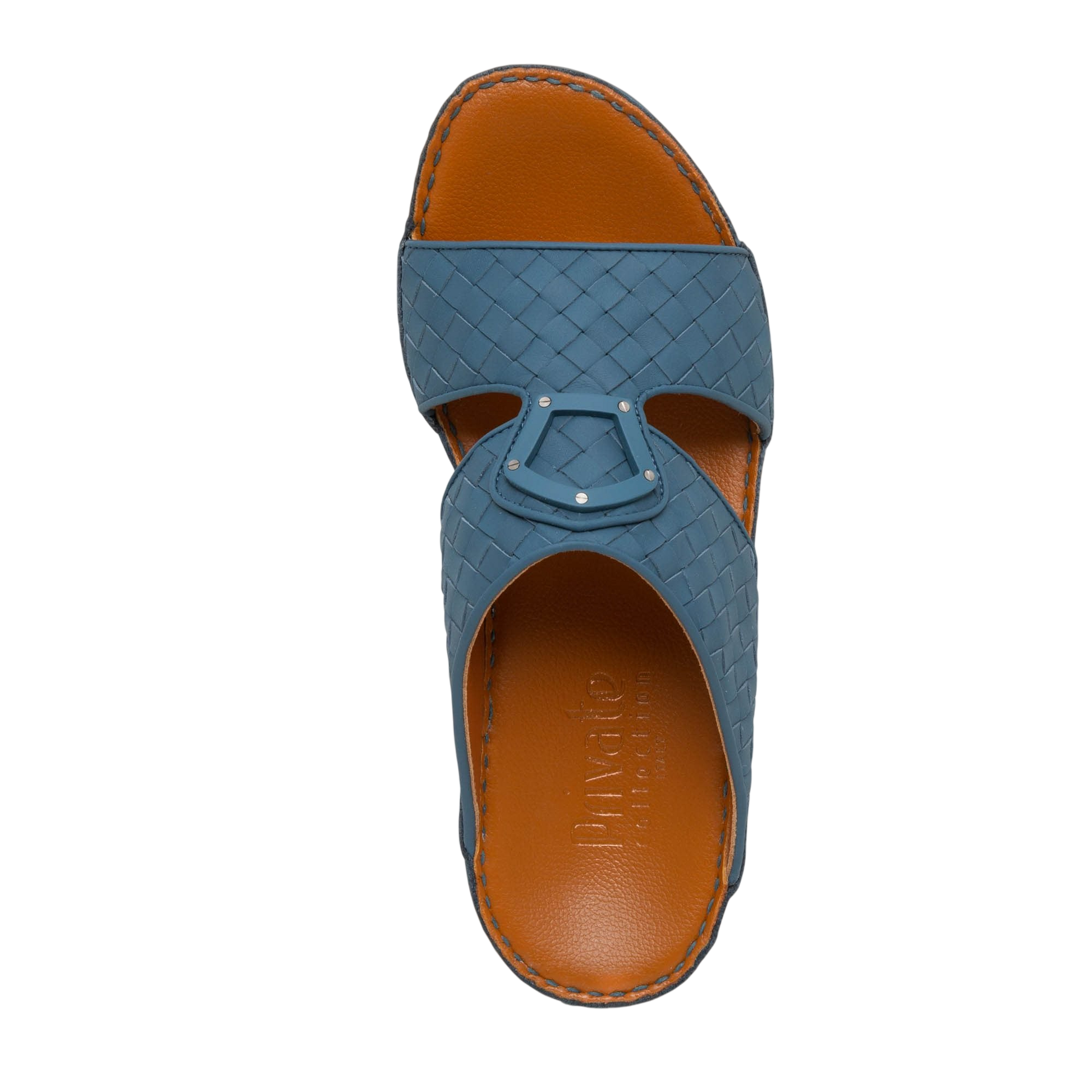 Top view of blue Peninsula Classica Trecce sandals with braided leather straps and brown sole