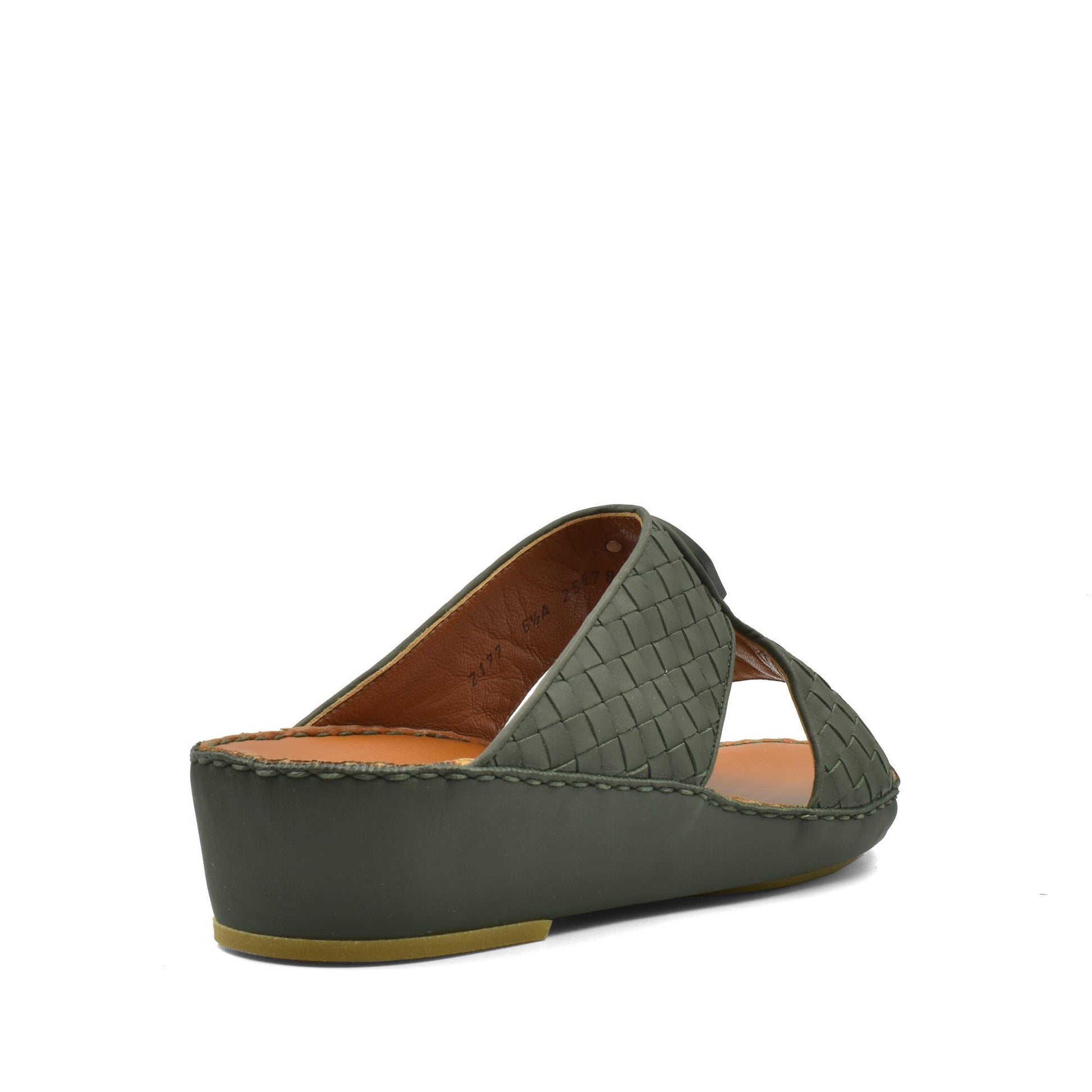 Olive green Peninsula Classica Trecce sandals with woven leather upper and low wedge heel