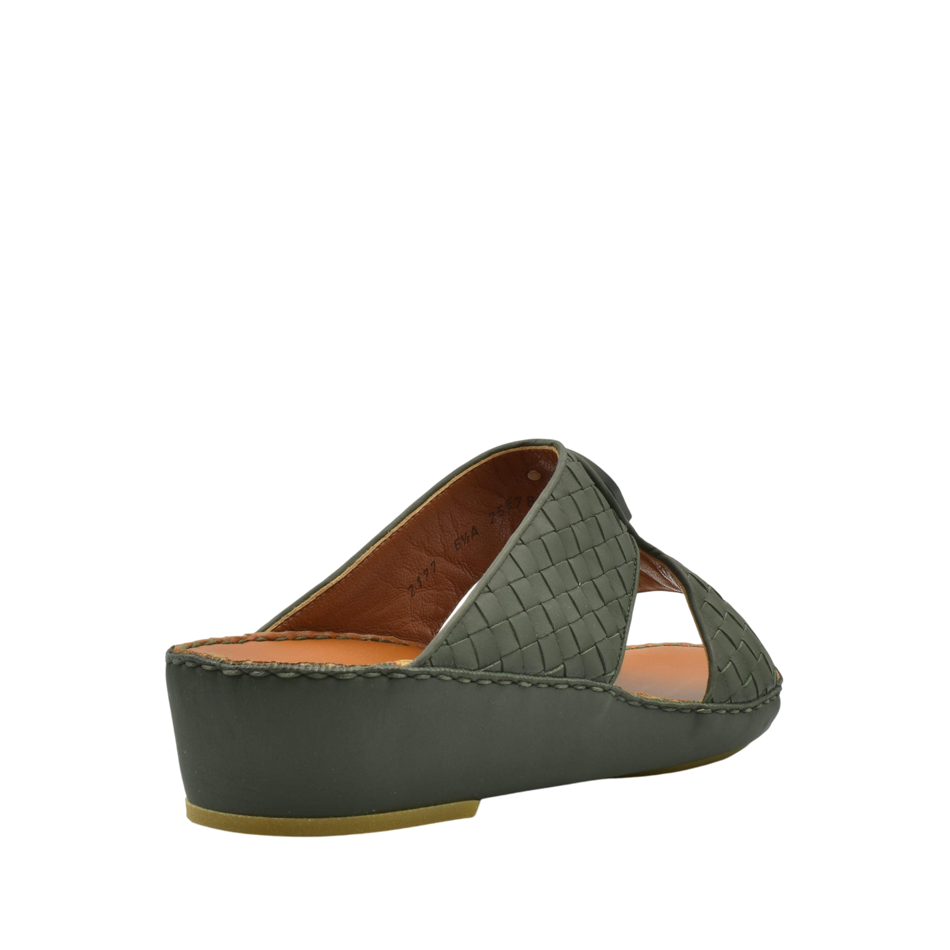 Olive green Peninsula Classica Trecce sandals with woven leather upper and low wedge heel