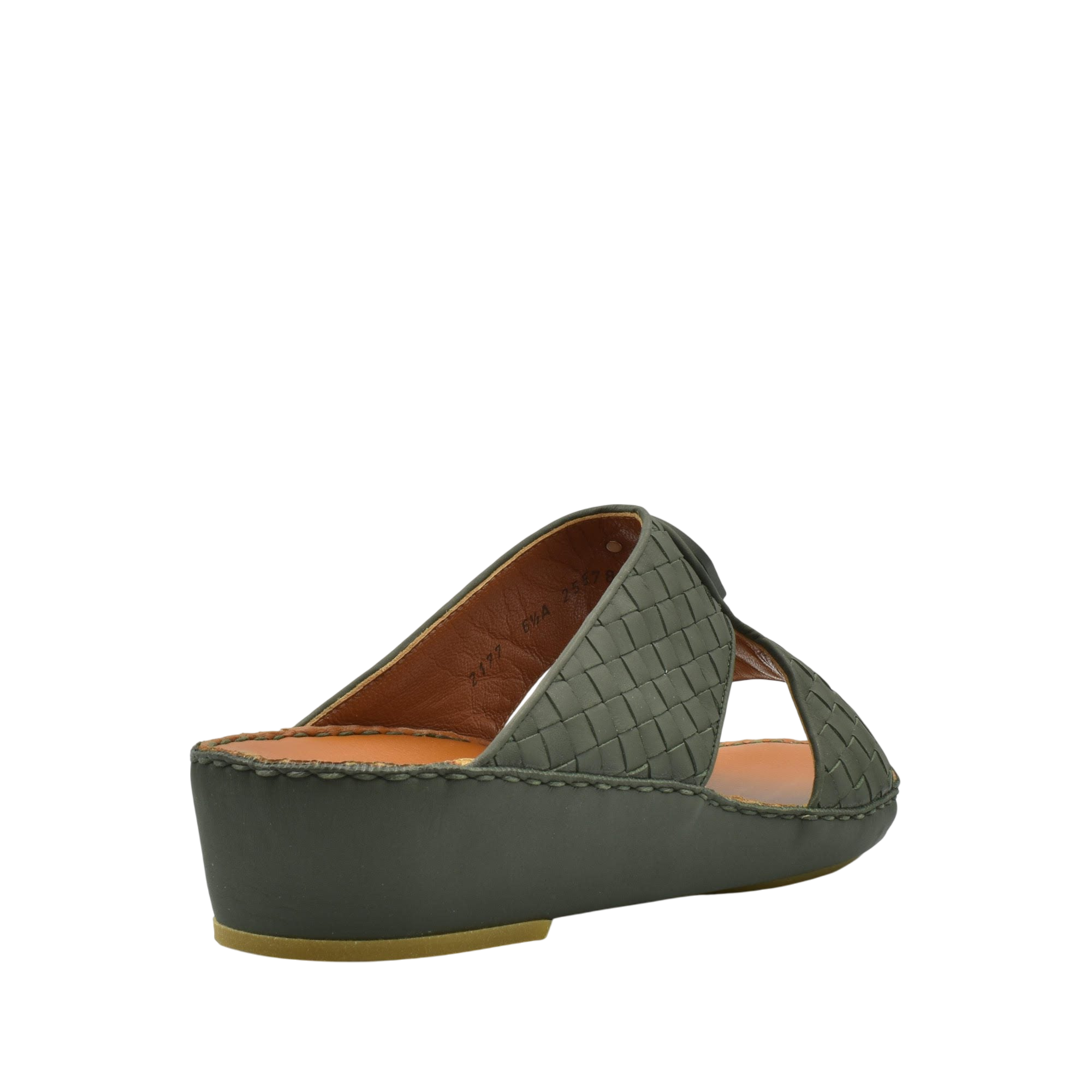 Olive green Peninsula Classica Trecce sandals with woven leather upper and low wedge heel