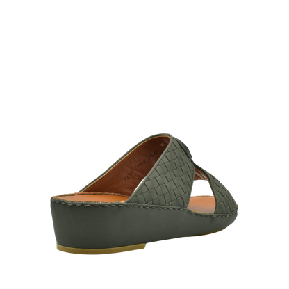 Olive green Peninsula Classica Trecce sandals with woven leather upper and low wedge heel