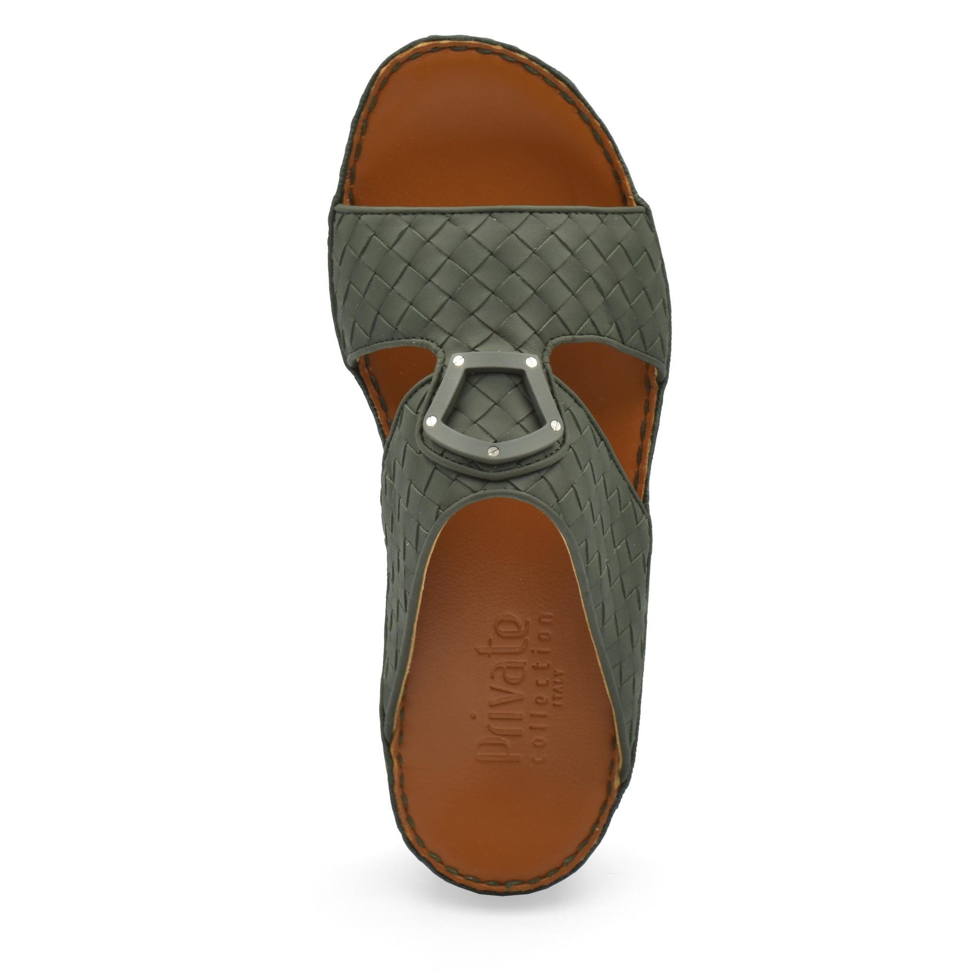 Top view of green woven leather Peninsula Classica Trecce sandals with brown footbed from Private collection