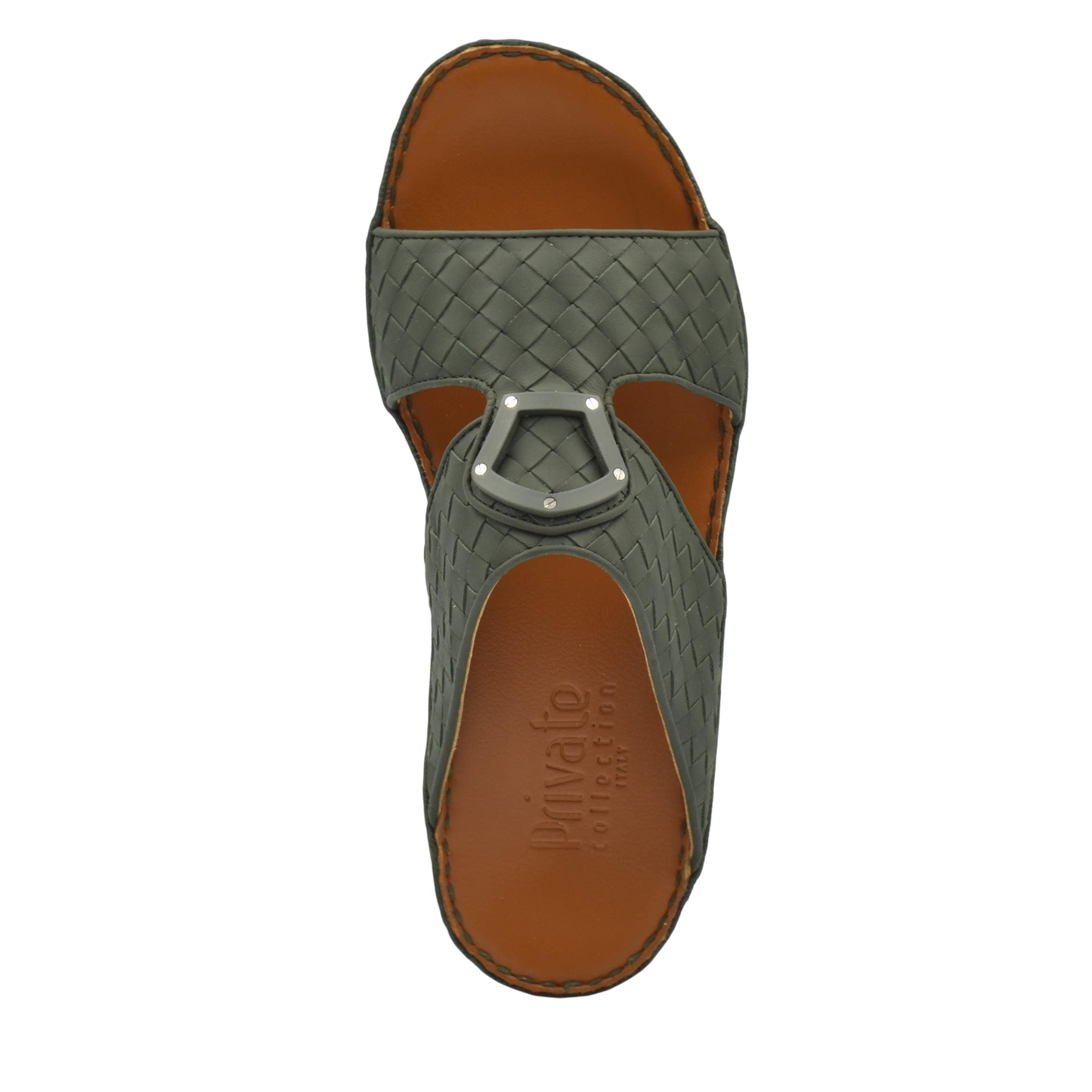 Top view of green woven leather Peninsula Classica Trecce sandals with brown footbed from Private collection
