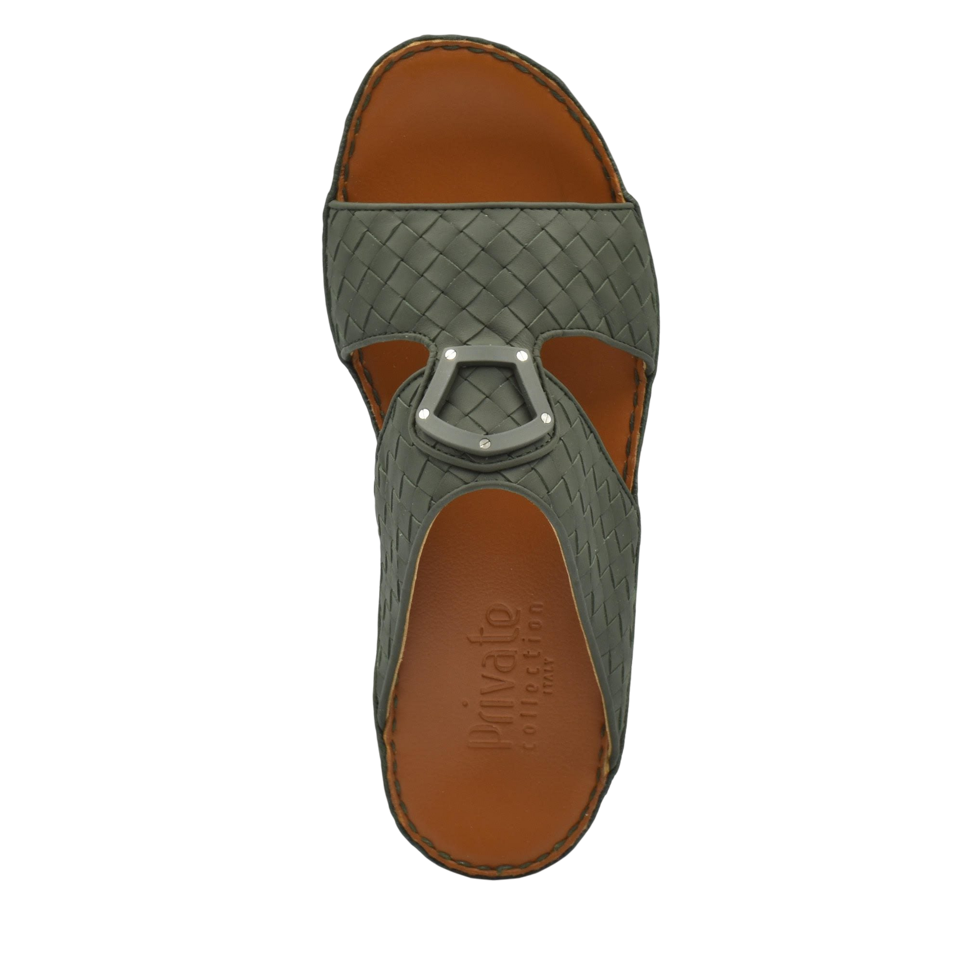 Top view of green woven leather Peninsula Classica Trecce sandals with brown footbed from Private collection