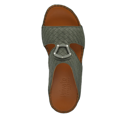 Top view of green woven leather Peninsula Classica Trecce sandals with brown footbed from Private collection