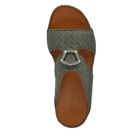 Top view of green woven leather Peninsula Classica Trecce sandals with brown footbed from Private collection