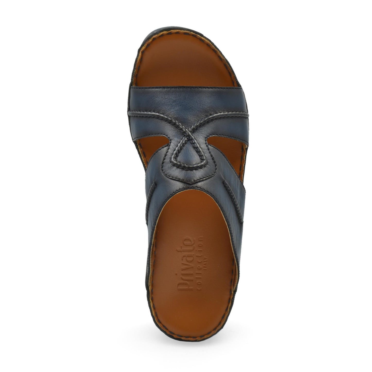 Top view of blue leather Peninsula Laceto footwear slide sandal with brown footbed from Private collection