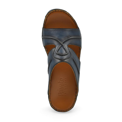 Top view of blue leather Peninsula Laceto footwear slide sandal with brown footbed from Private collection
