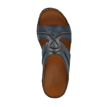 Top view of blue leather Peninsula Laceto footwear slide sandal with brown footbed from Private collection