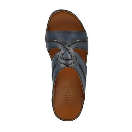 Top view of blue leather Peninsula Laceto footwear slide sandal with brown footbed from Private collection